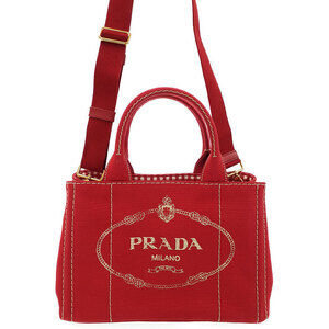 Prada Canapa Tote canvas handbag top handles 2way Red